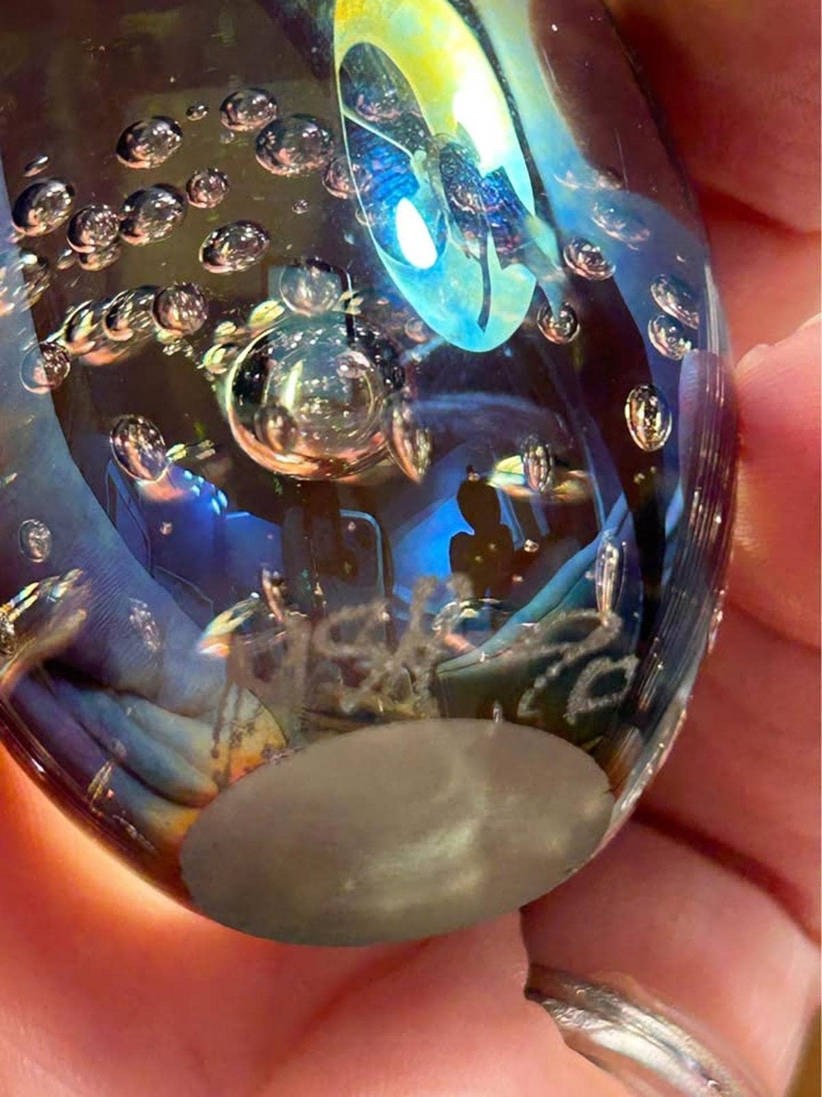Vintage Signed MSH 1990 Mount St. Helens Ash Dichroic Art Glass Egg Paperweight