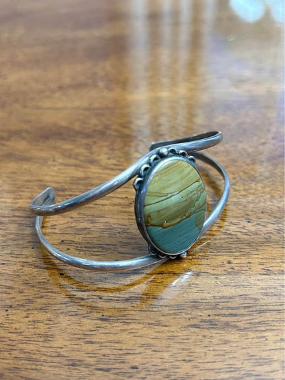 Vintage Southwestern Sterling Silver Picture Jasper Split Shank Cuff Bracelet