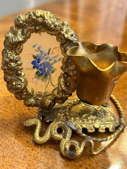 Antique Victorian Ormolu Brass Picture Frame and Spill Vase Desk Tidy with Serpent Motif