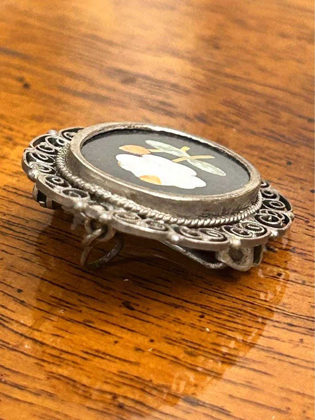 Vintage Italian 800 Silver Pietra Dura Style Floral Shell Inlay Brooch Pendant