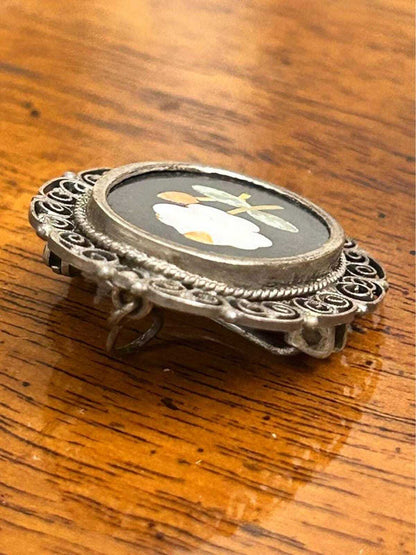 Vintage Italian 800 Silver Pietra Dura Style Floral Shell Inlay Brooch Pendant