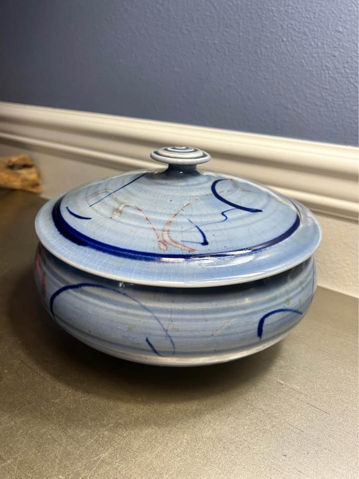 Signed Studio Pottery Covered Bowl | Blue Crackle Glaze & Spiral Knob