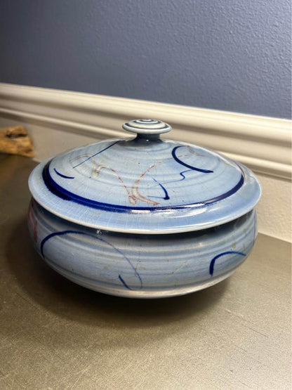 Signed Studio Pottery Covered Bowl | Blue Crackle Glaze & Spiral Knob