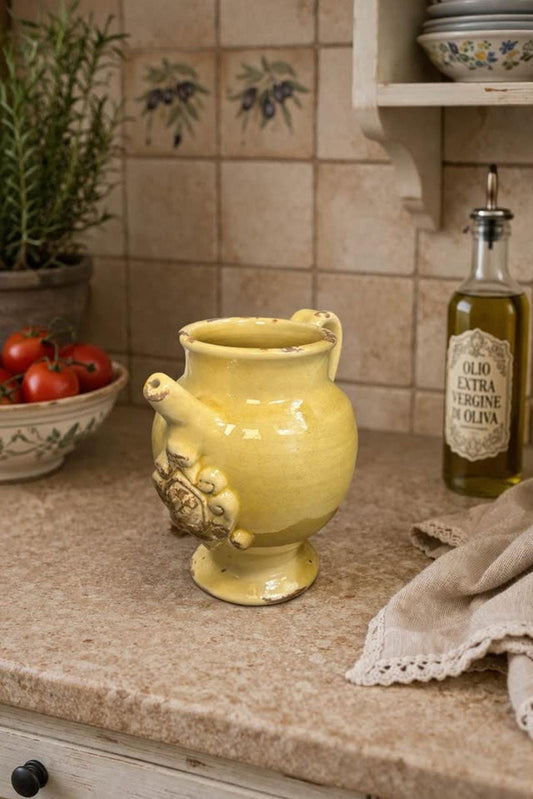 Leona Italy 1960s Handworked Yellow Pottery Pitcher - Rustic Relief Crest
