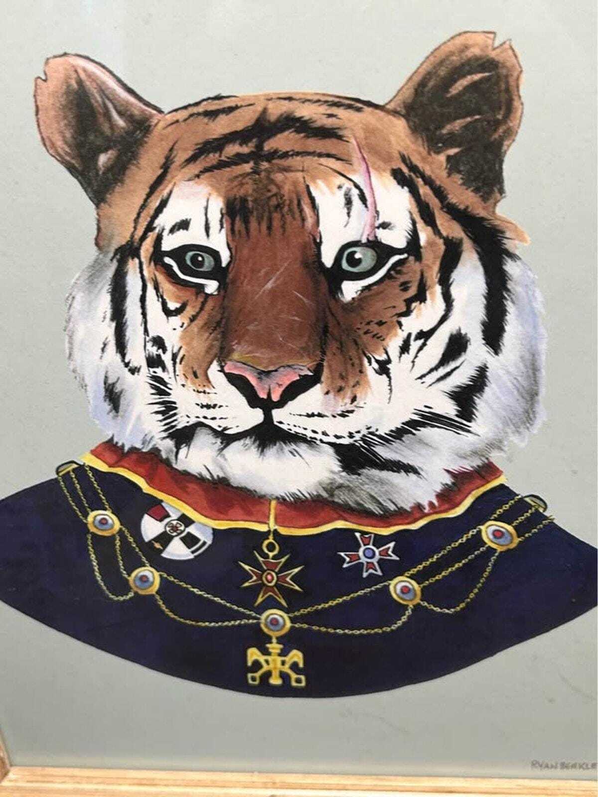 Ryan Berkley Signed Tiger Portrait, Framed Anthropomorphic Animal Art