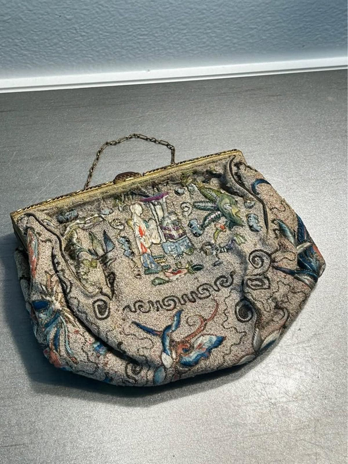 Antique French Chinoiserie Embroidered Art Deco Purse with Clasp