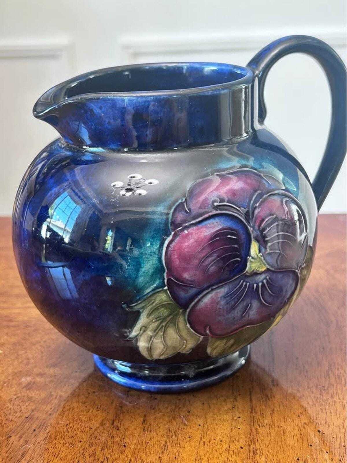Vintage Moorcroft Pottery Pansy Pitcher Tube Lined Floral Jug