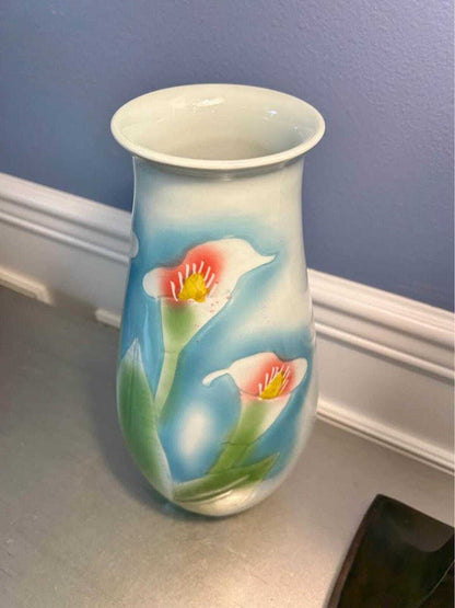 Large Hand-Painted Calla Lily Ceramic Vase with Chinese Calligraphy