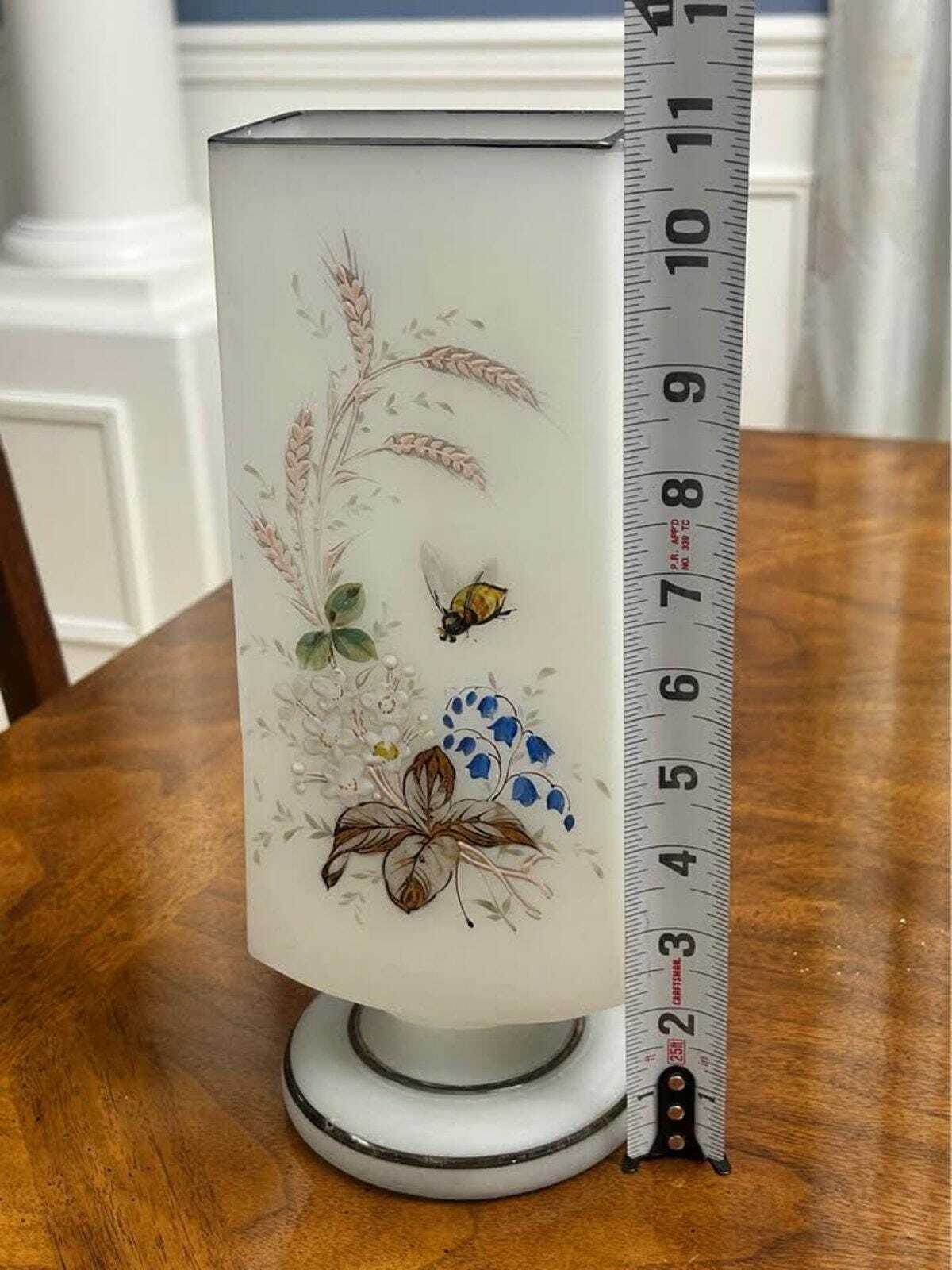 Antique Bohemian Frosted Art Glass Vase Enamel Floral and Bee Motif