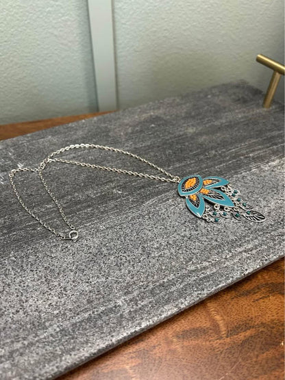 Boho Teal Enamel and Coral Seed Bead Chandelier Pendant Necklace
