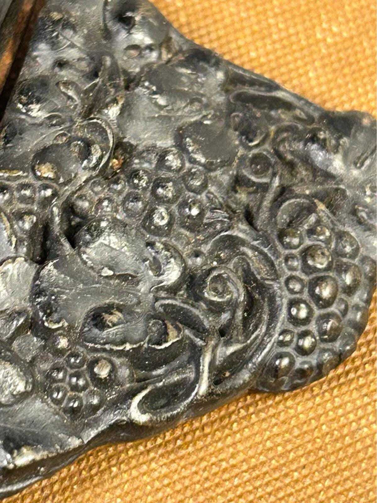 Antique Victorian Mourning Sash Buckle Cast Grape Vine Motif Japanned Metal