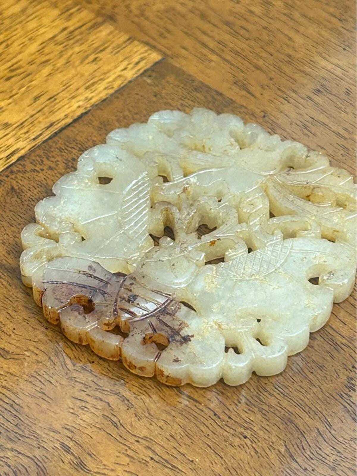 Vintage Chinese Carved Nephrite Jade Butterfly Medallion Plaque Russet Inclusions