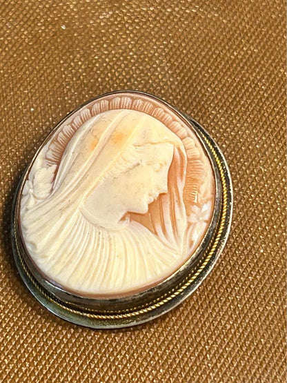 Hand-Carved Shell Cameo Brooch & Pendant, Veiled Madonna Portrait