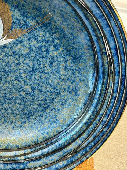 Vintage Japanese Blue Crane Plate – Gilded Flying Cranes, Gold Rim (8 Inch)