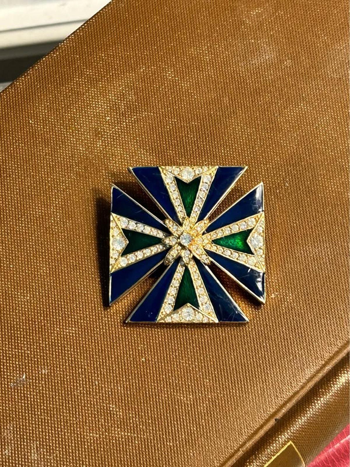 Ciner Vintage Blue and Green Enamel Maltese Cross Brooch and Pendant