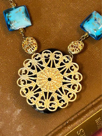 Vintage Murano Glass Millefiori Pendant Necklace Blue Foil Beads