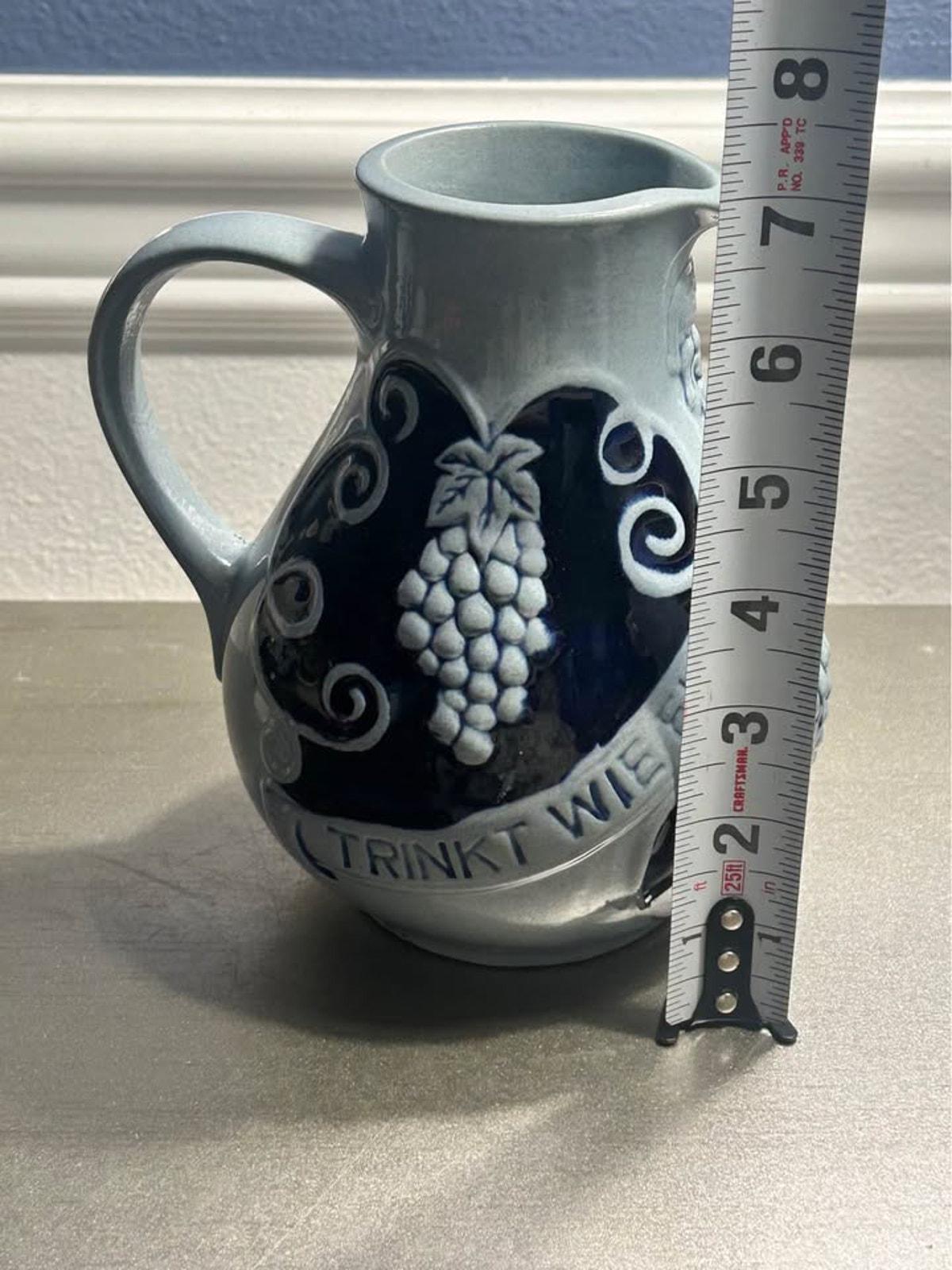 Vintage West German Cobalt Salt-Glazed Stoneware Wine Pitcher Pair