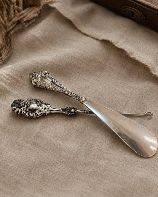 Antique Sterling Silver Repoussé Shoe Horn and Button Hook Vanity Set