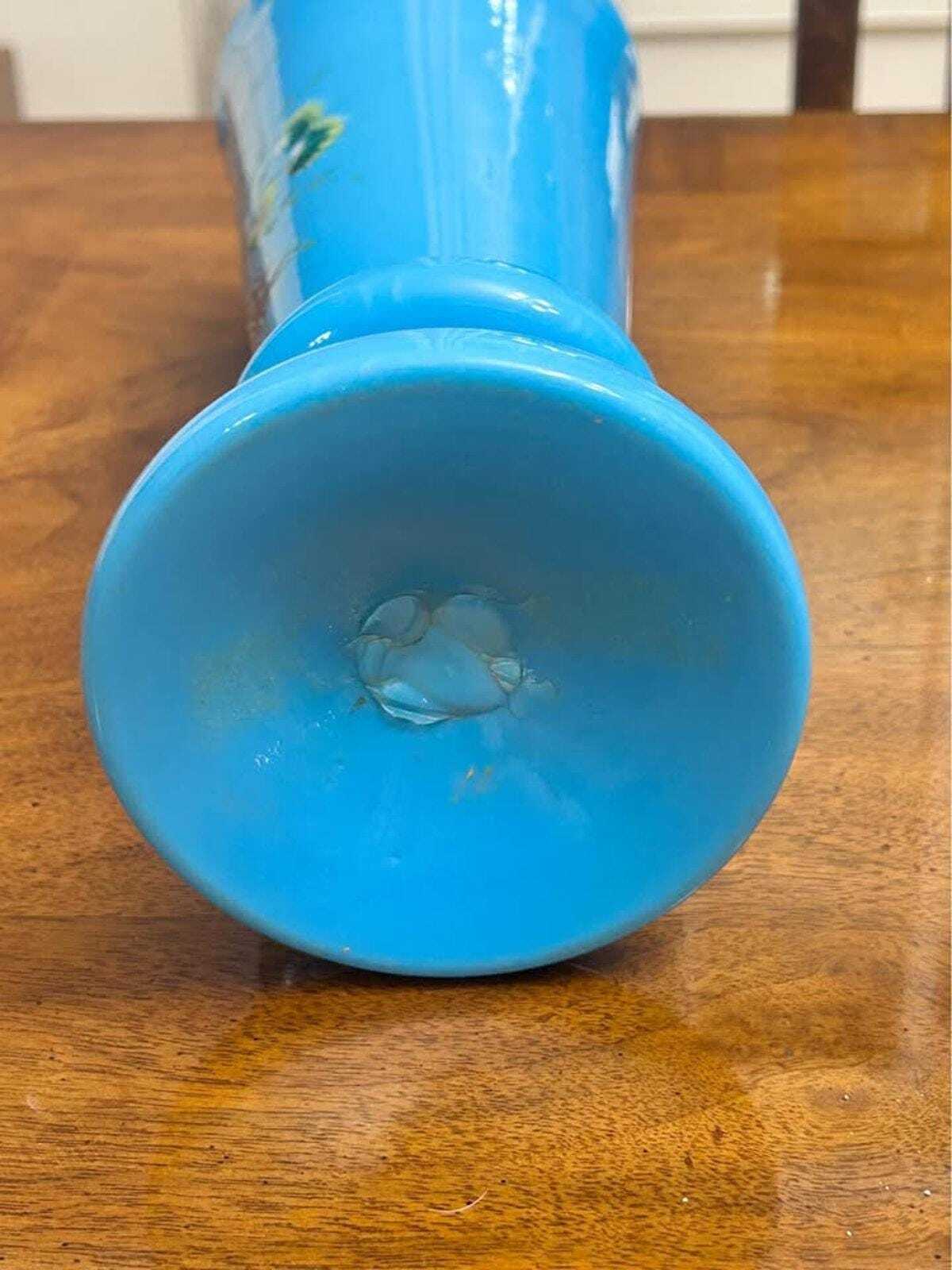 Antique Victorian Bristol Blue Glass Hand-Painted Enamel Floral Vase