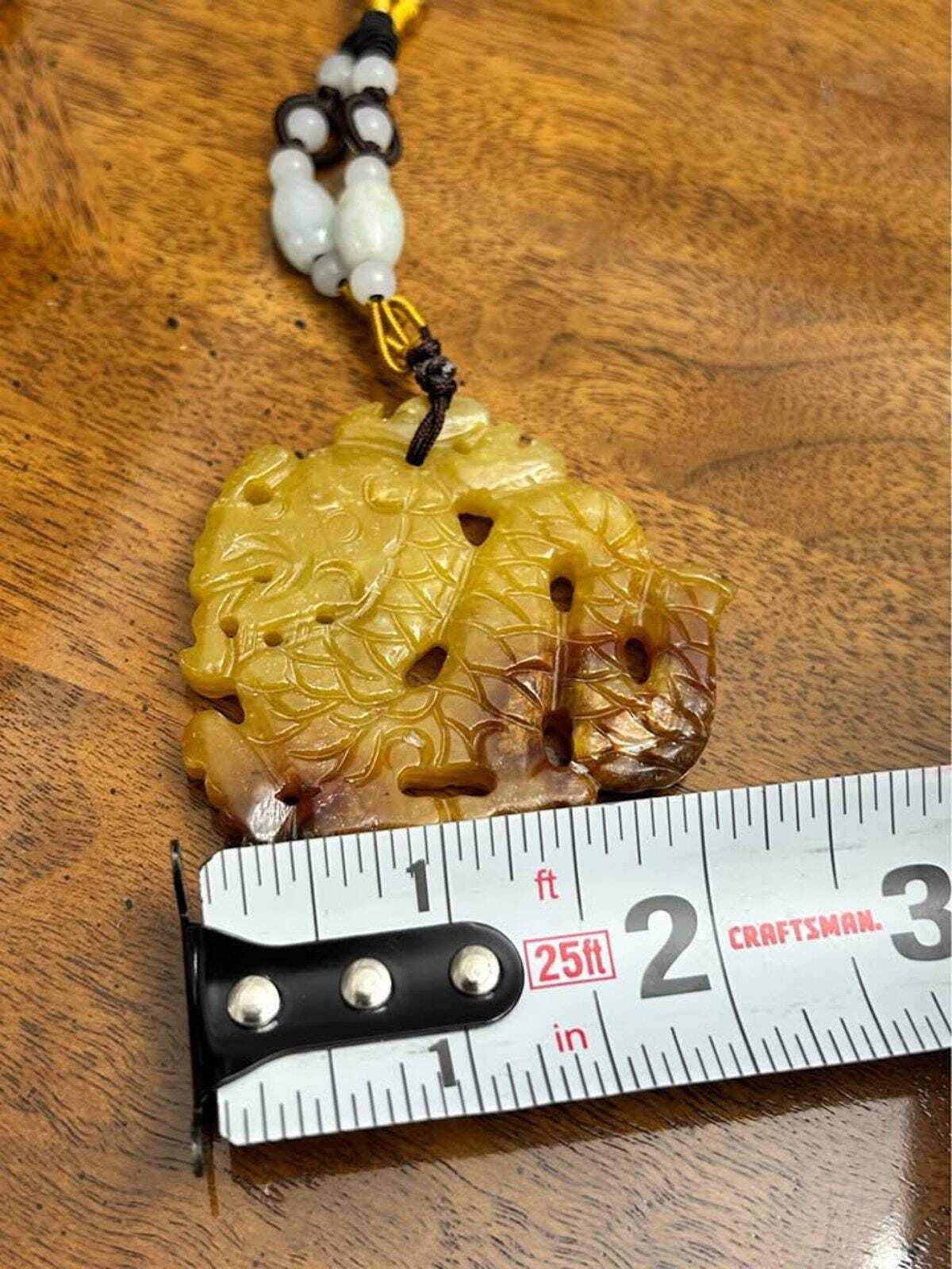 Vintage Carved Yellow and Russet Jadeite Dragon Fish Pendant Necklace