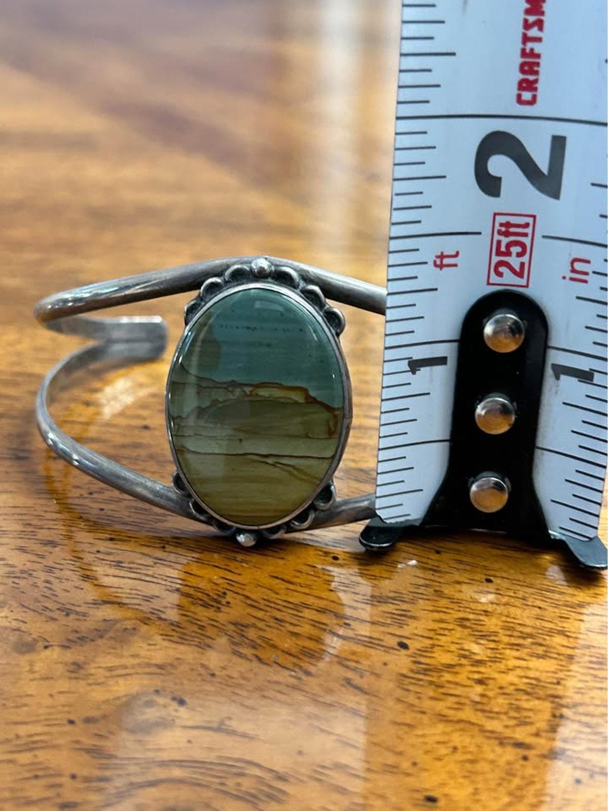 Vintage Southwestern Sterling Silver Picture Jasper Split Shank Cuff Bracelet