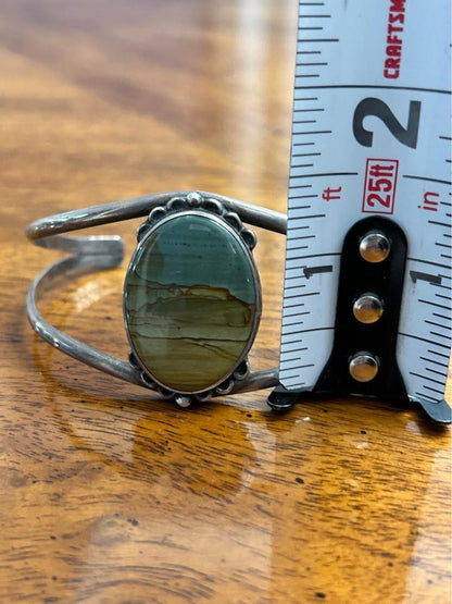 Vintage Southwestern Sterling Silver Picture Jasper Split Shank Cuff Bracelet