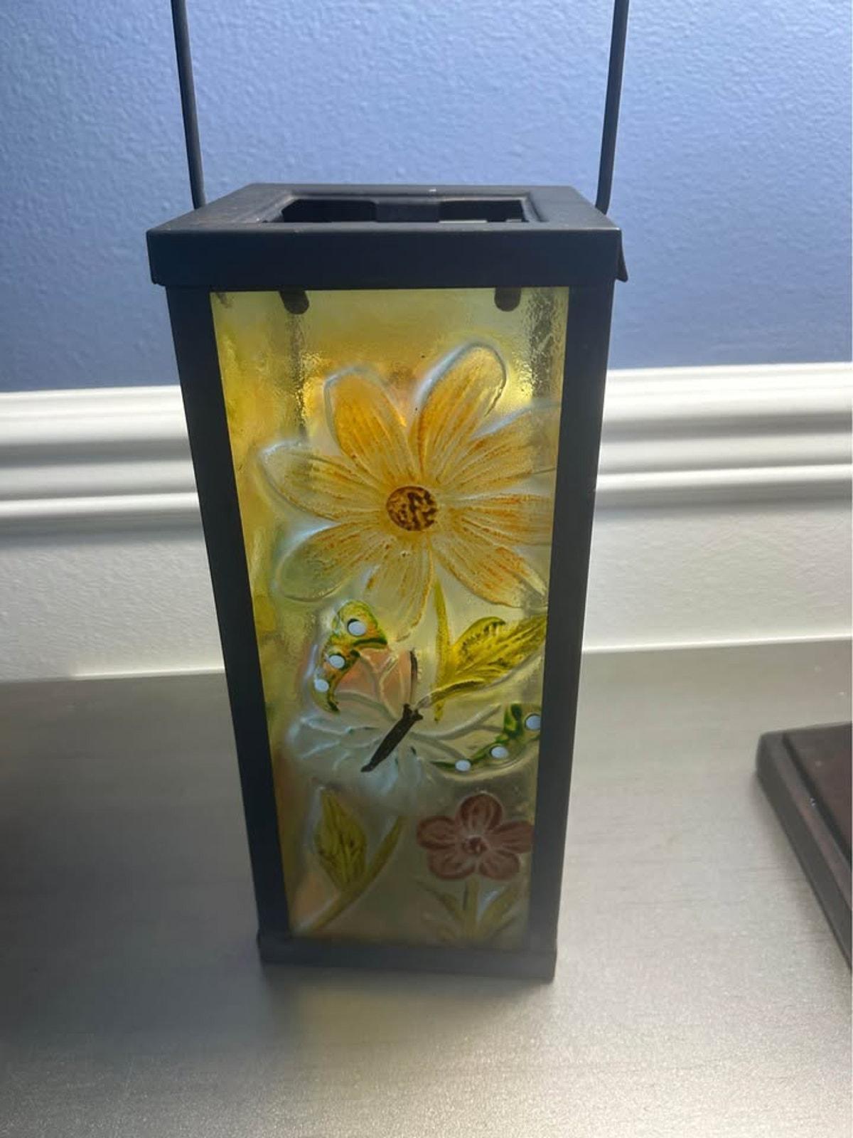 Hand-Painted Floral Textured Glass Lantern with Metal Frame