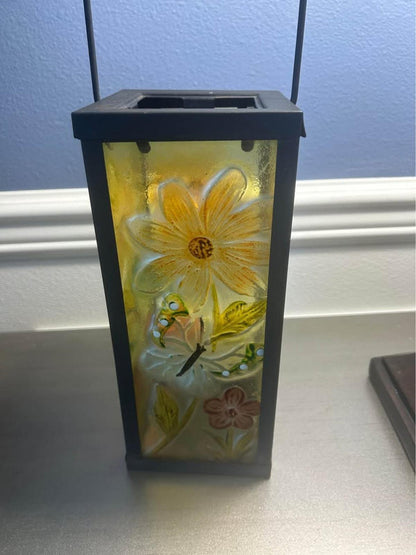 Hand-Painted Floral Textured Glass Lantern with Metal Frame