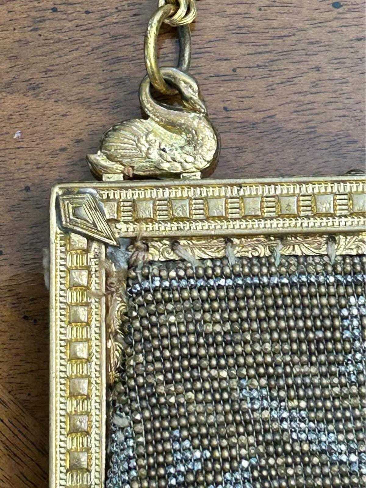 Antique 1920s Art Deco Micro-Beaded Evening Purse with Brass Swan Frame