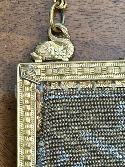 Antique 1920s Art Deco Micro-Beaded Evening Purse with Brass Swan Frame
