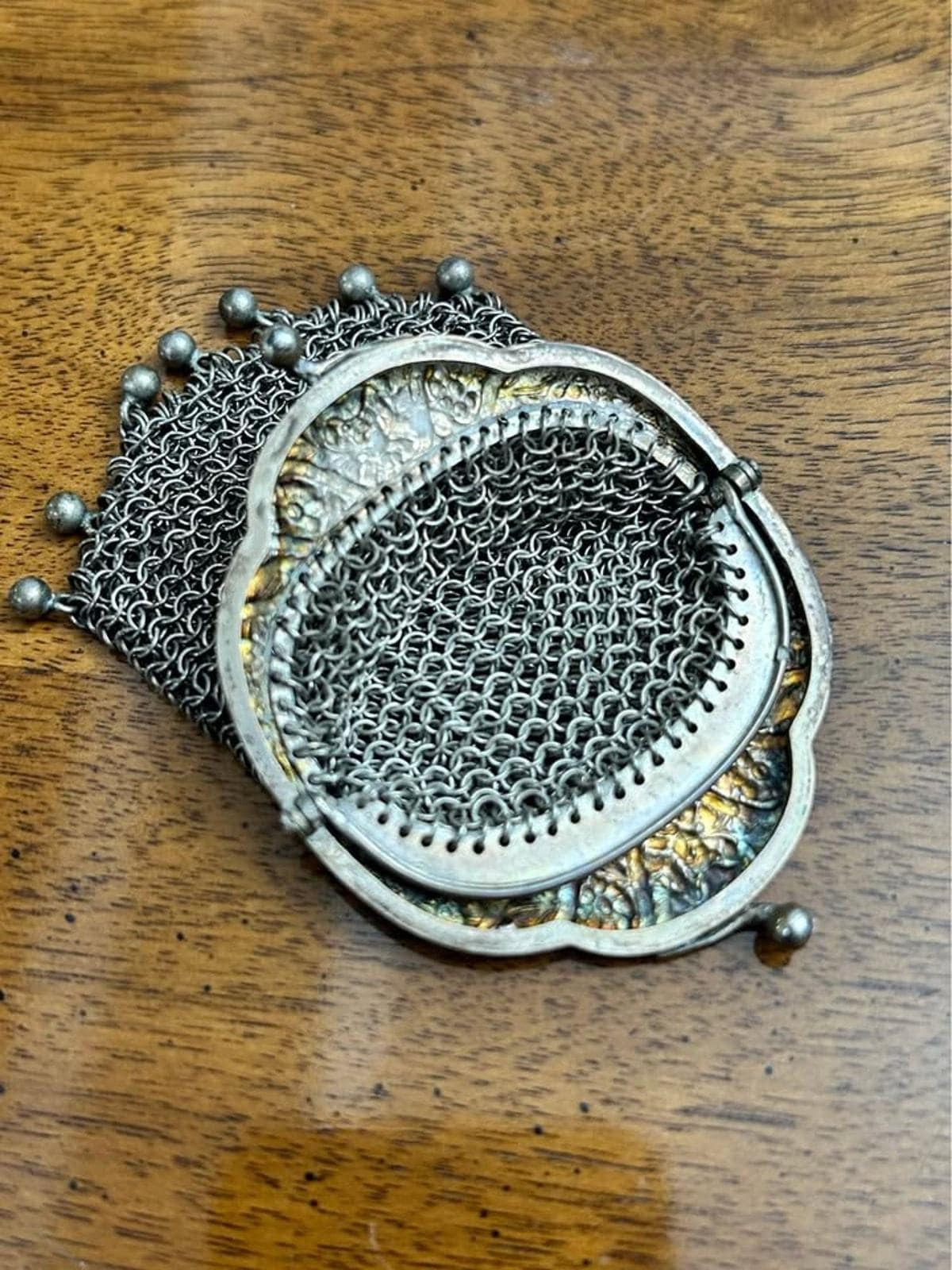 Antique Sterling Silver Chainmail Chatelaine Coin Purse With Repousse Frame