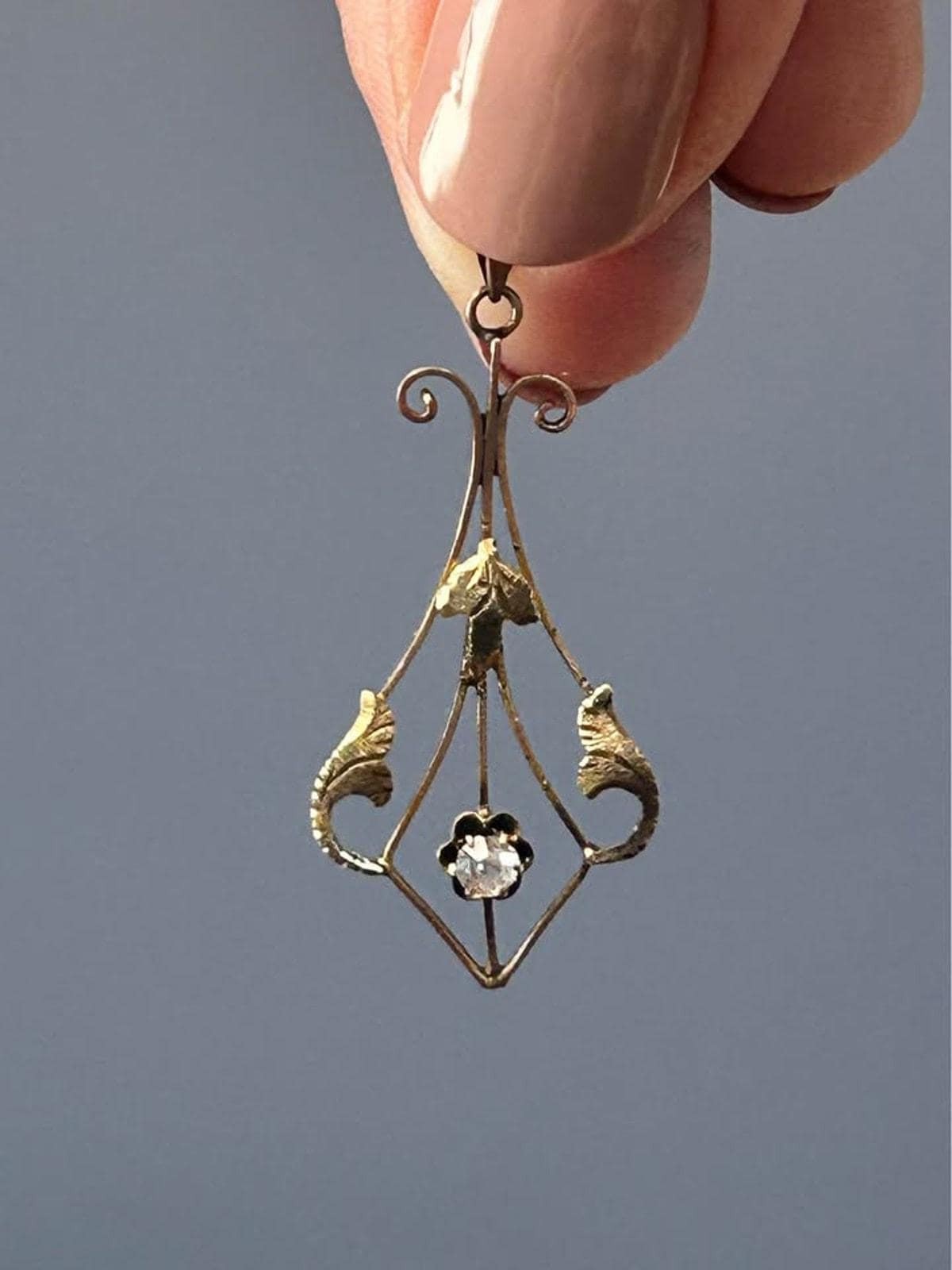 Antique Art Nouveau 10k Gold & Diamond Foliate Lavaliere Pendant