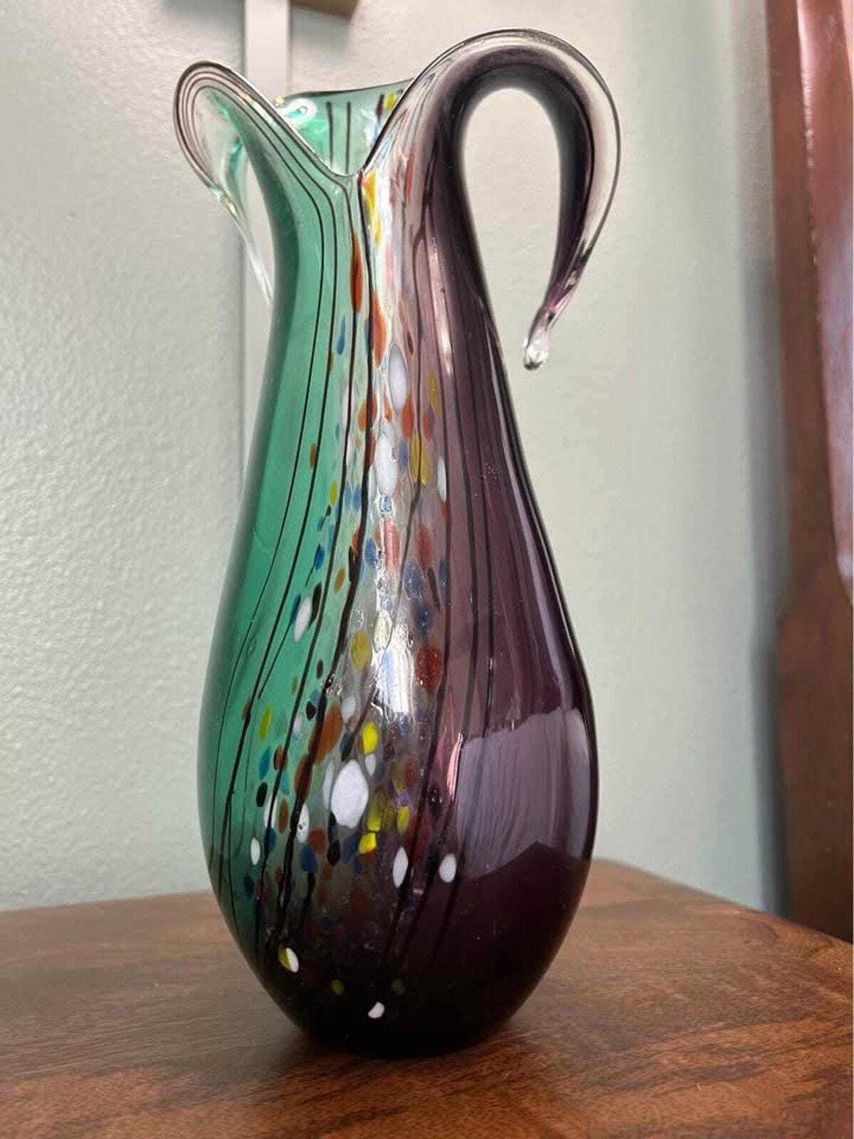 Mid-Century Art Glass Pitcher | Green & Amethyst Confetti, 11" Hand-Blown Vase