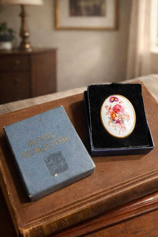 Royal Worcester Vintage Bone China Floral Brooch in Original Box