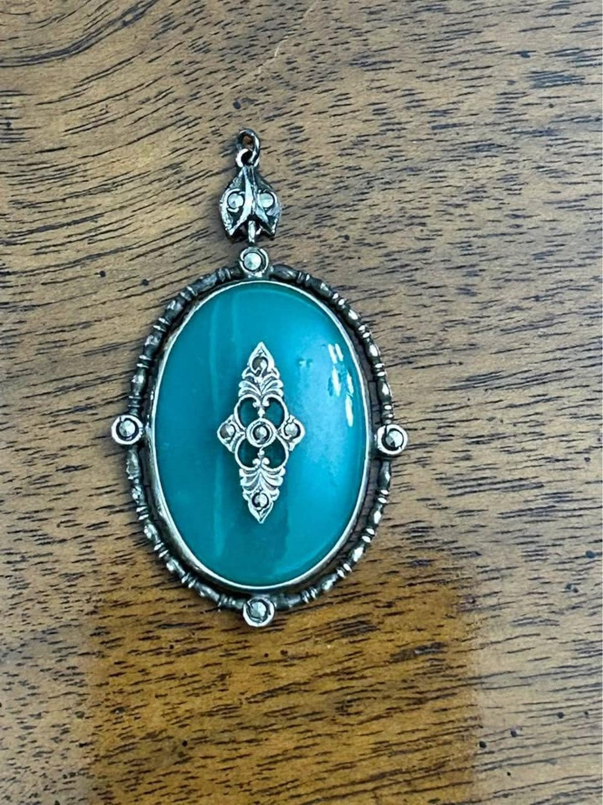 Antique Art Deco Sterling Silver Green Chrysoprase Marcasite Pendant