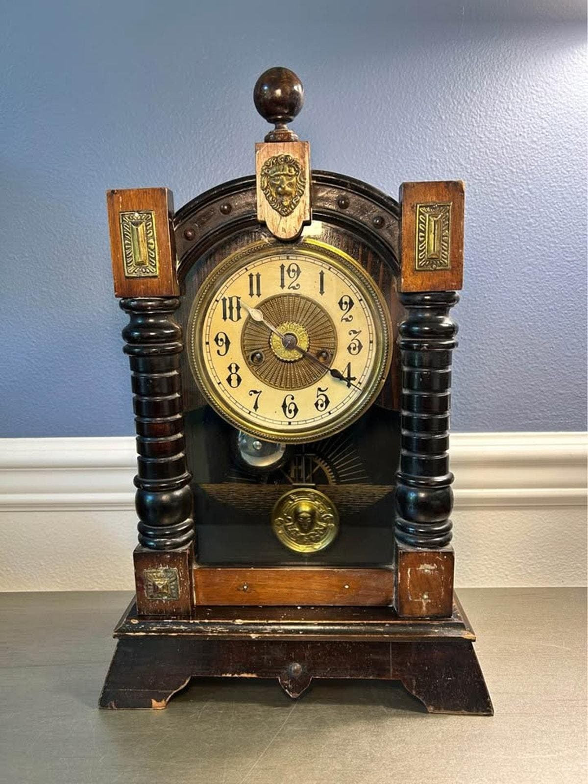 Antique Working Art Nouveau Mantel Clock | Lion Head Crest & Brass Nymph Pendulum