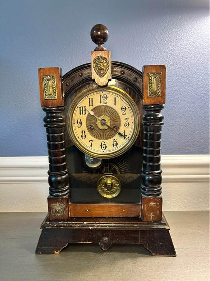 Antique Working Art Nouveau Mantel Clock | Lion Head Crest & Brass Nymph Pendulum