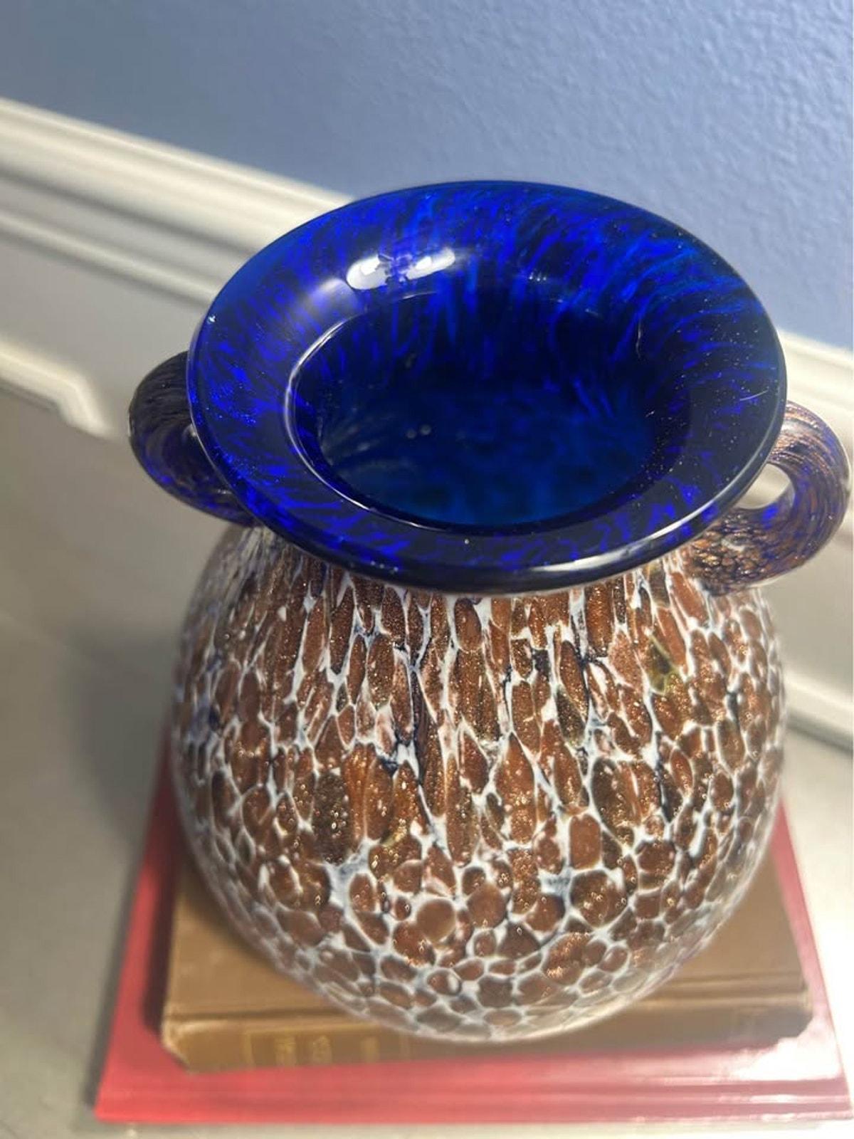 Vintage Cobalt Blue and Gold Aventurine Cased Art Glass Two Handled Amphora Urn Vase