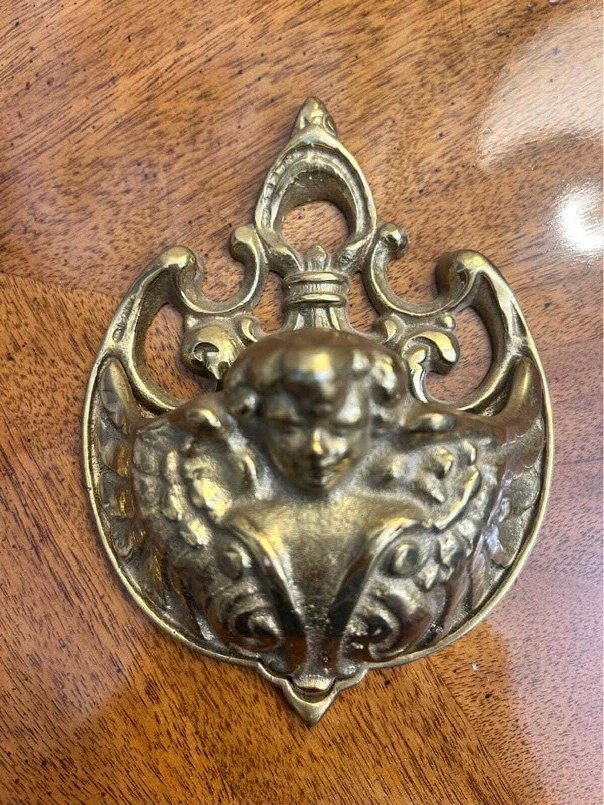 Vintage Cast Brass Cherub Match Holder Wall Pocket, Ornate Baroque Catchall