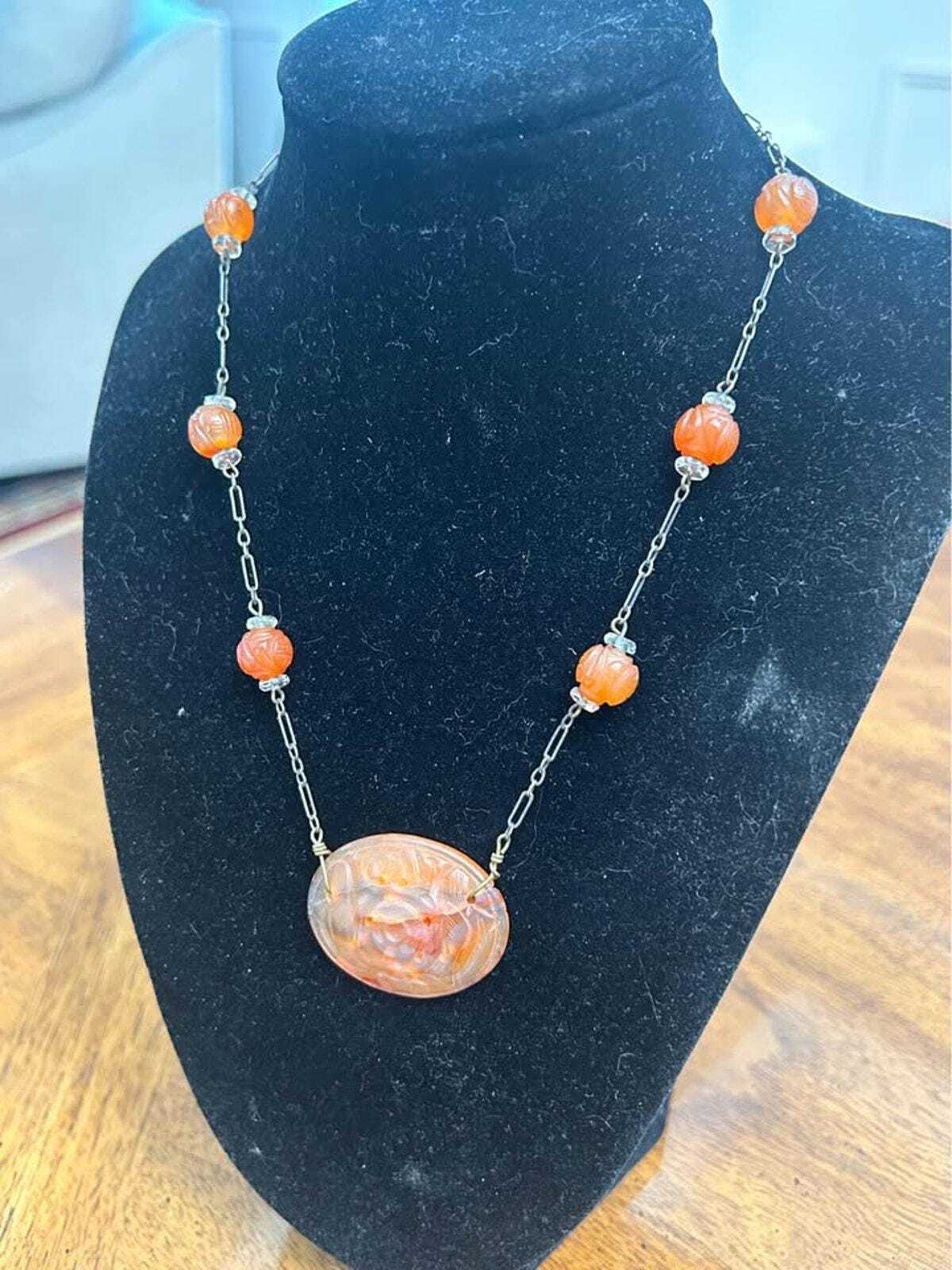 Antique Chinese Export Carved Carnelian Repurposed Button Pendant Sterling Silver Necklace