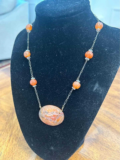 Antique Chinese Export Carved Carnelian Repurposed Button Pendant Sterling Silver Necklace
