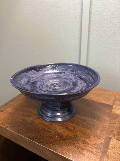 Cindy Briffis Studio Pottery Pedestal Bowl, Cobalt Blue Glaze, Brutalist MCM Decor