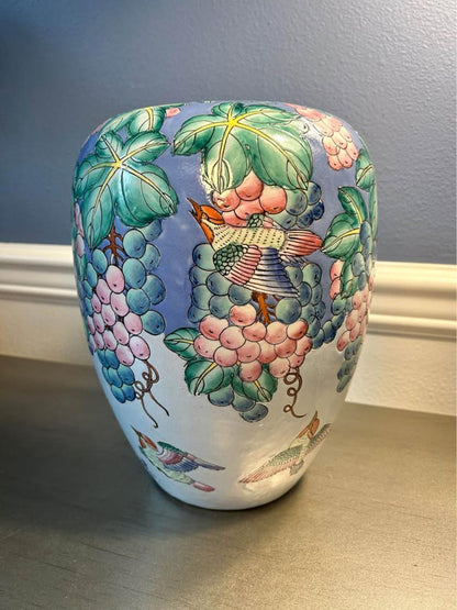 Large Vintage Chinese Raised Enamel Grape and Bird Vase