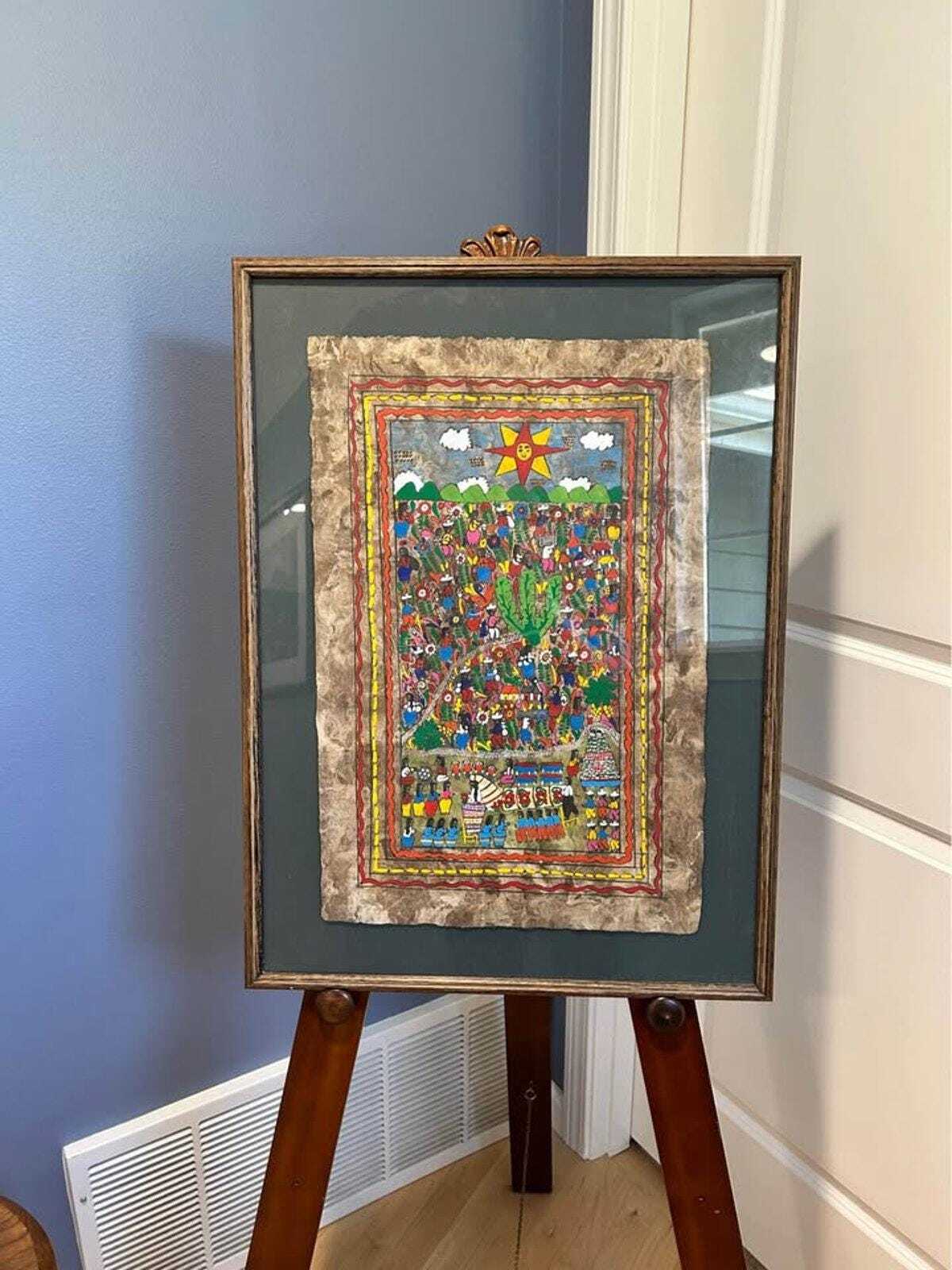 Vintage Mexican Amate Bark Painting – Nahua Folk Art Wedding Scene