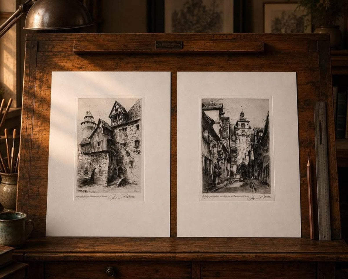 Antique Paul Geissler Original Pencil Signed Architectural Etchings Rothenburg and Nuremberg Pair