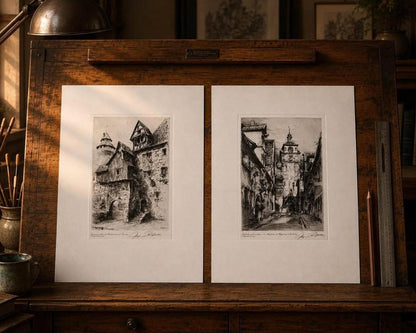 Antique Paul Geissler Original Pencil Signed Architectural Etchings Rothenburg and Nuremberg Pair