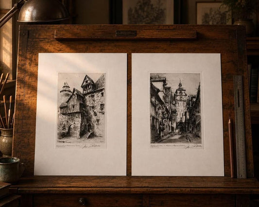 Antique Paul Geissler Original Pencil Signed Architectural Etchings Rothenburg and Nuremberg Pair