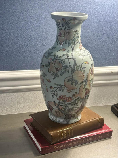 Vintage Chinese Porcelain Famille Rose Pomegranate Vase Celadon Ground Apocryphal Qianlong Mark