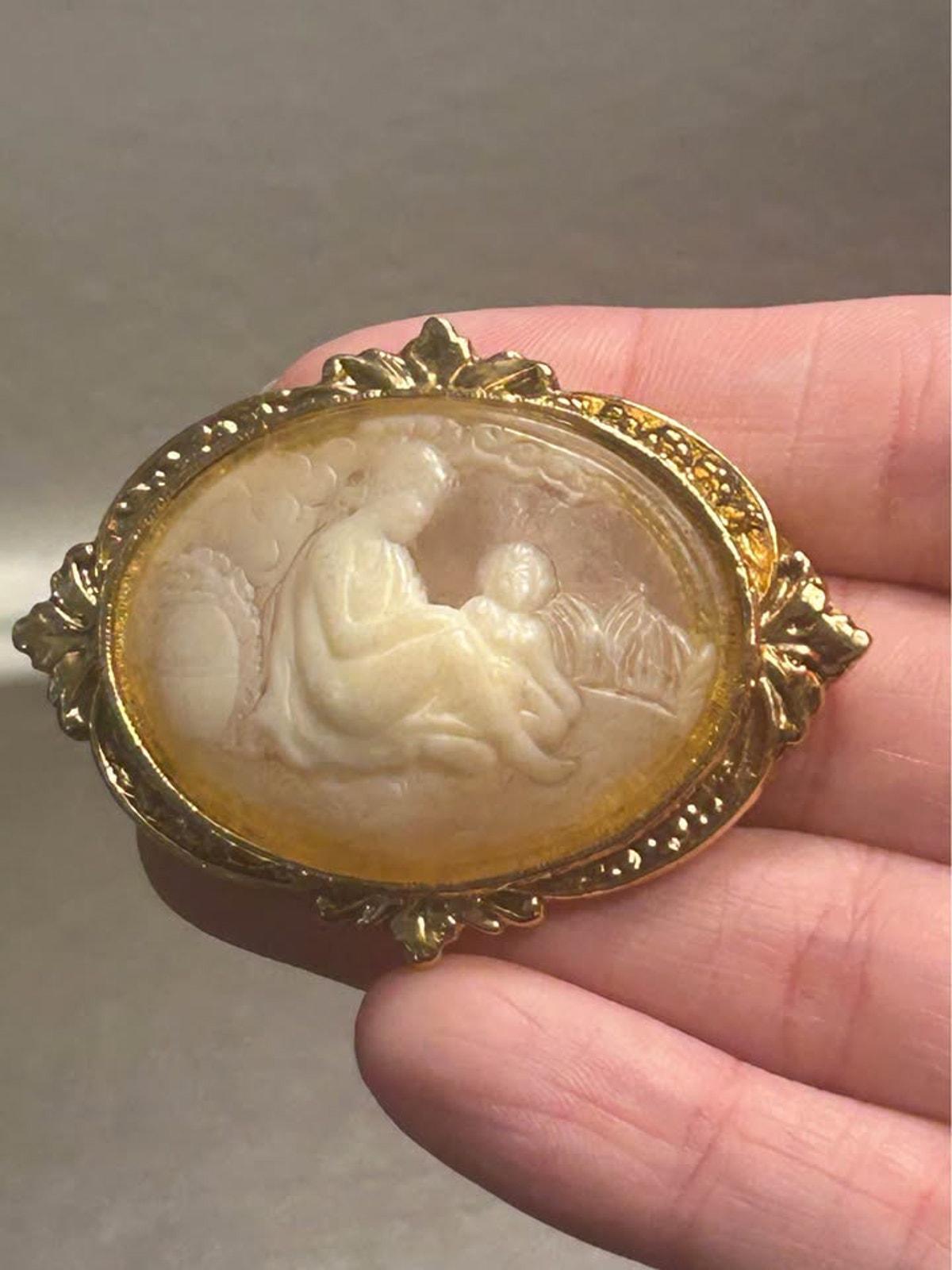 Vintage Victorian Revival Mother and Child Cameo Brooch Frosted Molded Inset Gold-Tone Frame