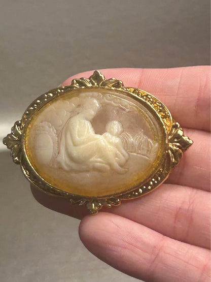 Vintage Victorian Revival Mother and Child Cameo Brooch Frosted Molded Inset Gold-Tone Frame